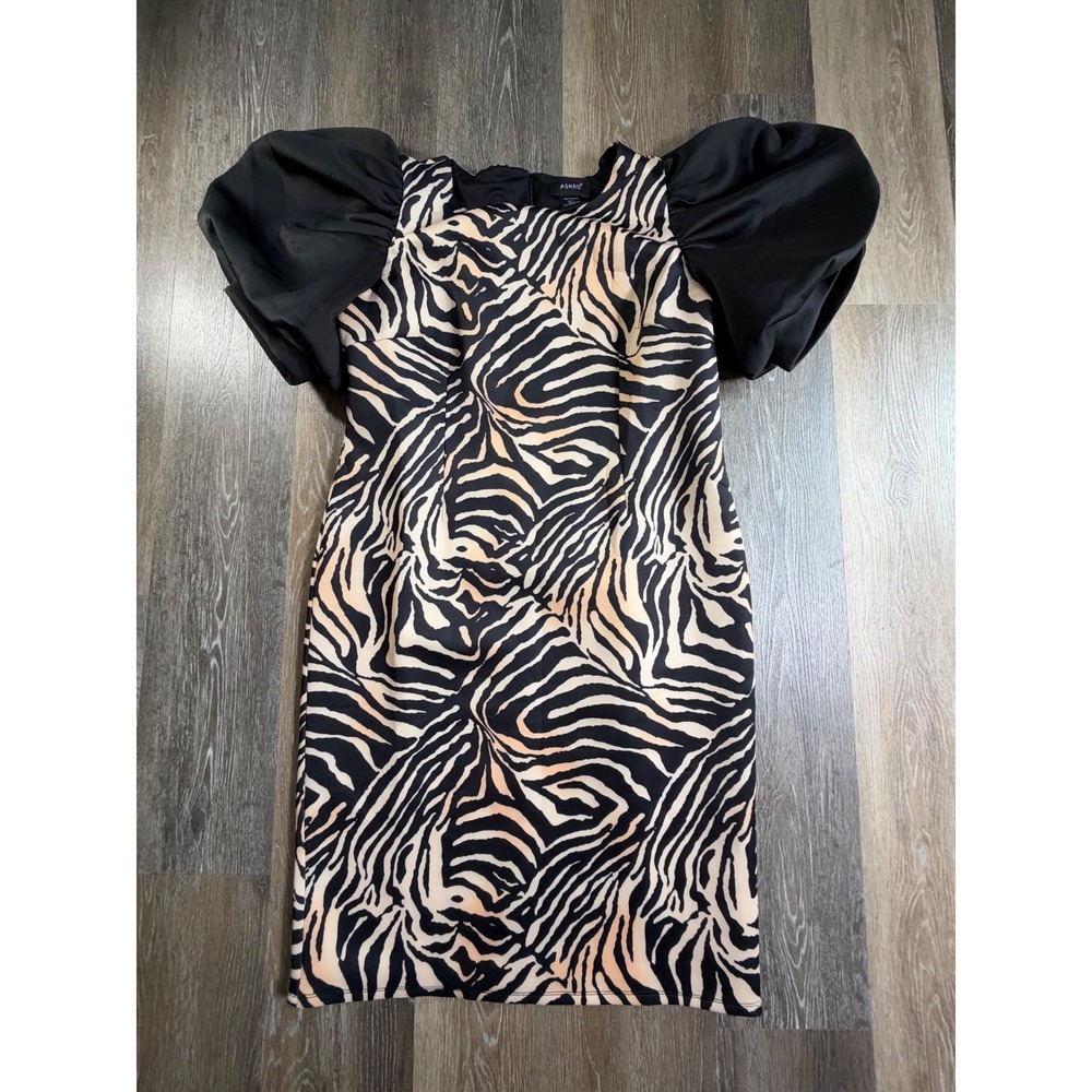 Ashro Sheath Dress Womens XL Black Tan Zebra Print Puff Sleeve Bodycon 5287